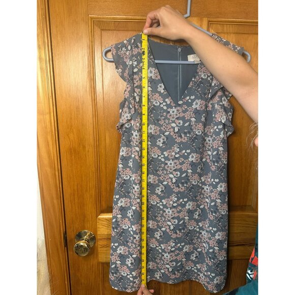 LOFT XS Petite Gray & Pink Floral Ruffle Sleeveless Dress - V-Neck Mini Sundress - Picture 8 of 9